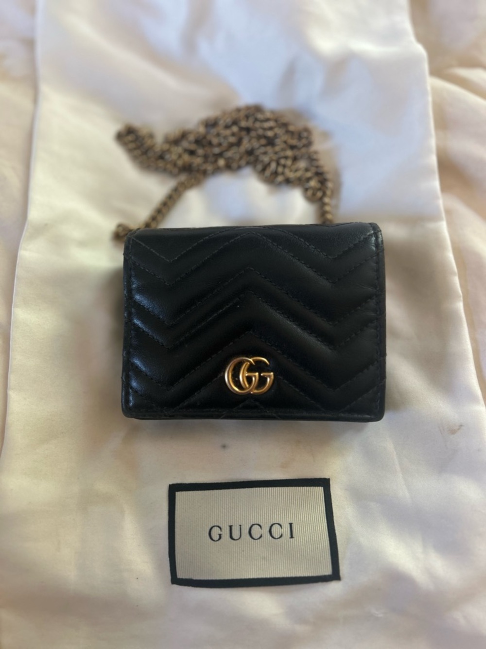 Gucci Black Matelassé Leather Mini Wallet with Gold GG Chain